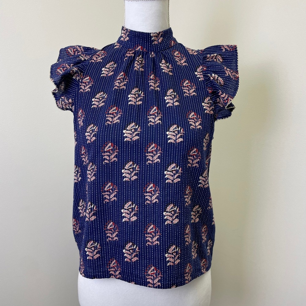 Corey Lynn Calter Anthropologie Navy Blue Floral Cotton Mock Neck Blouse XS